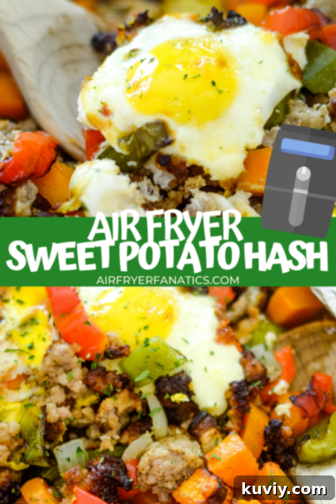 Crispy Air Fryer Sweet Potato Hash 9 close-up of air fryer sweet potato hash in a serving bowl with a fork