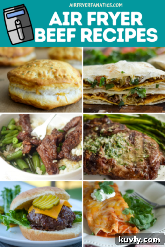 20 Quick & Easy Air Fryer Beef Recipes 24 A collage of various air fryer beef dishes, including steaks, meatballs, and tacos.