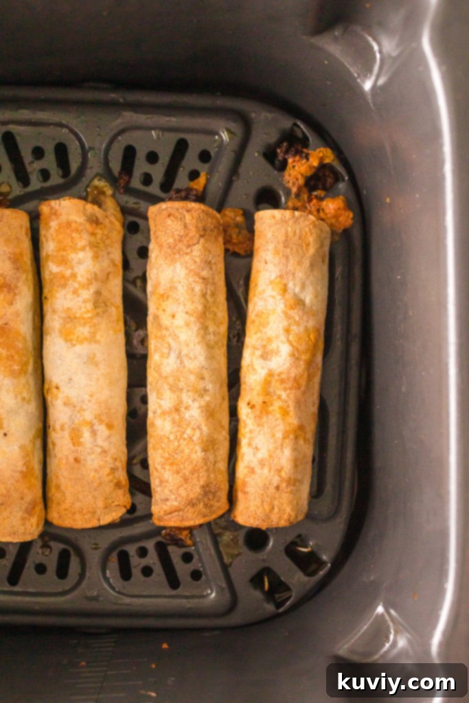 Crispy Air Fryer Beef and Bean Taquitos 5 air fryer taquitos in air fryer