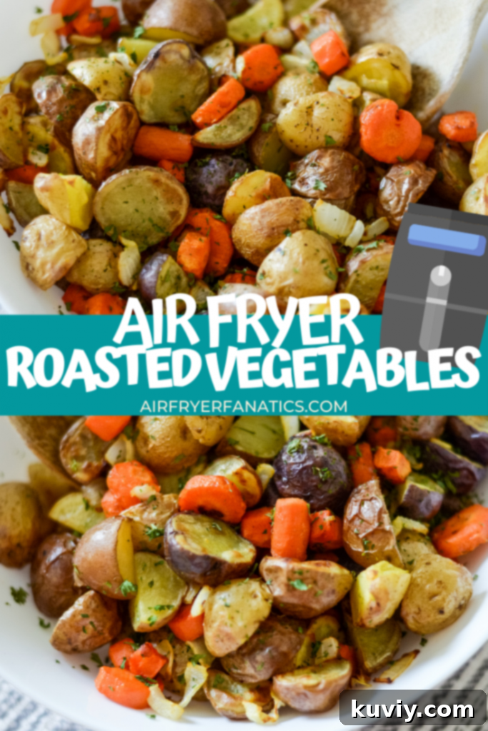 Close up of perfectly golden brown air fryer roasted vegetables