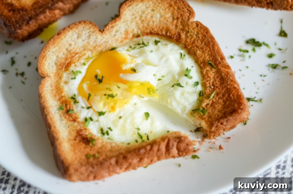Air Fryer Eggs in a Basket with a runny yolk, served hot.