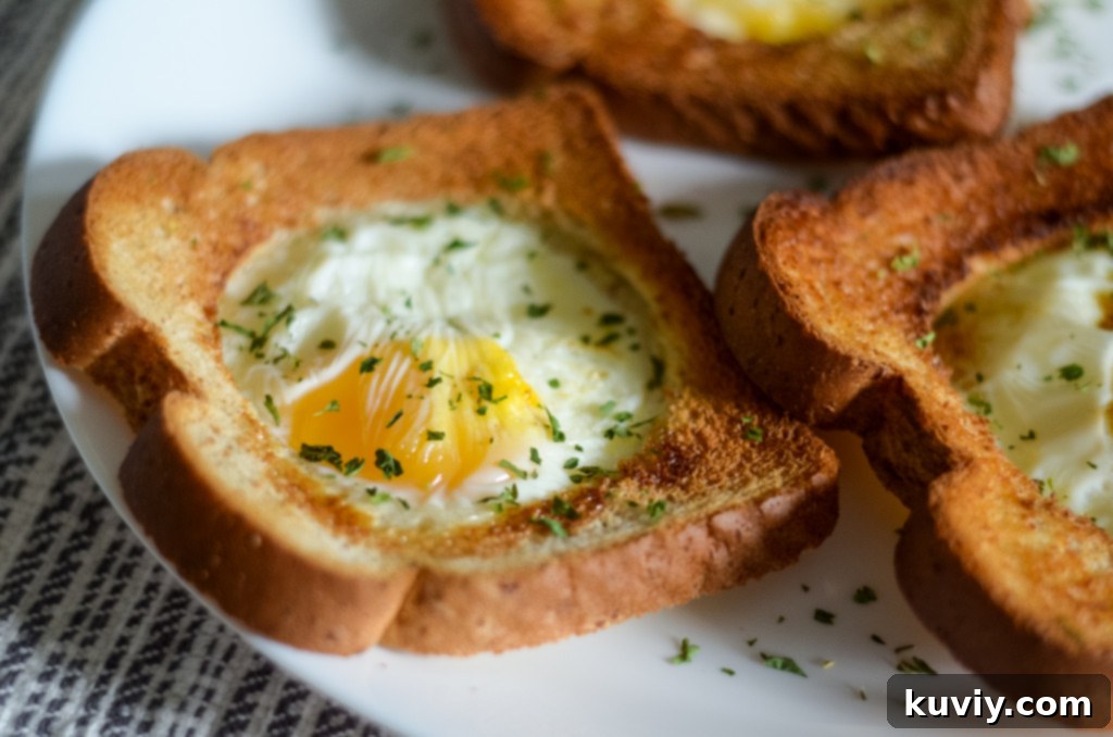 Air Fryer Eggs in a Basket served on a plate with fresh parsley garnish.