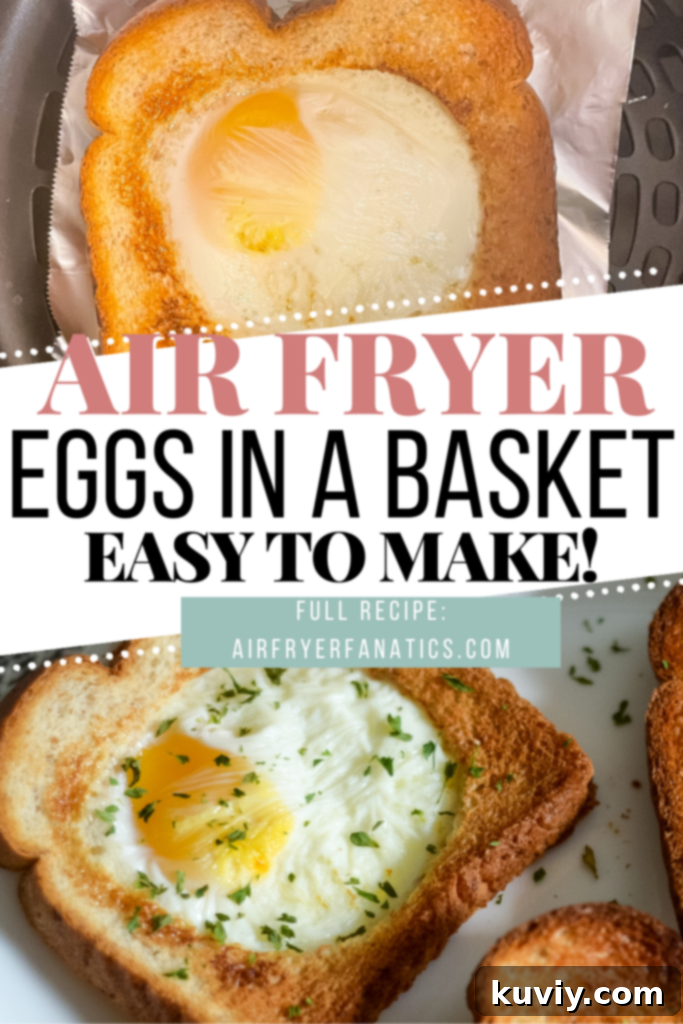 Air Fryer Eggs in a Basket served on a white plate with a side of greens.