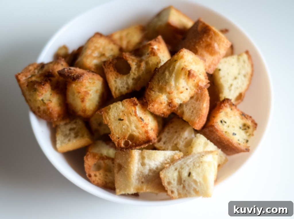 Crispy homemade air fryer croutons ready to serve