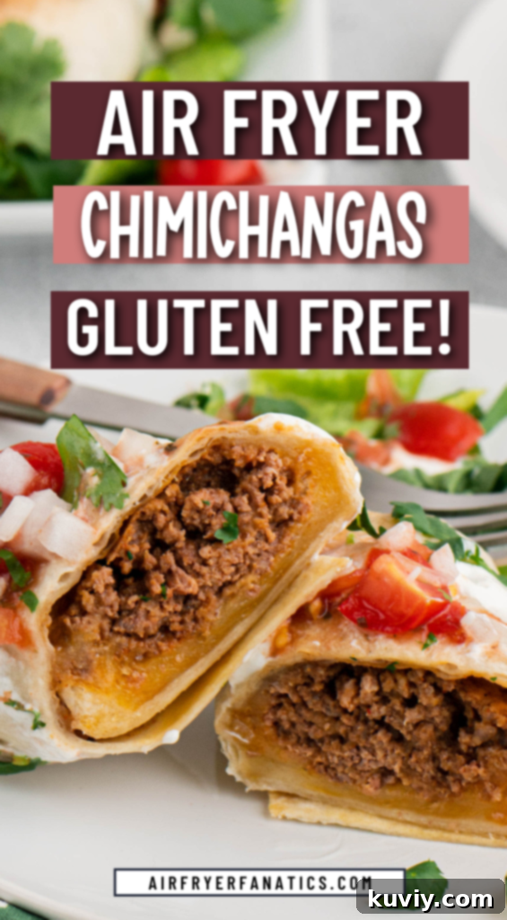 Two golden crispy air fryer beef chimichangas served on a plate with fresh toppings