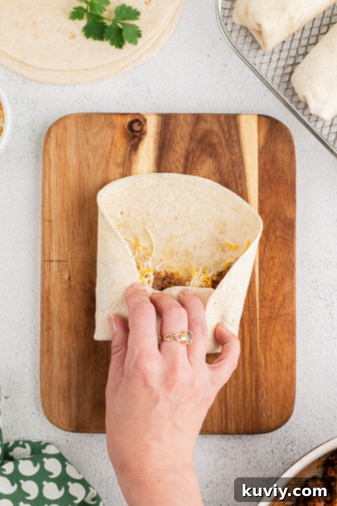 Step-by-step image illustrating how to fold a chimichanga for air frying
