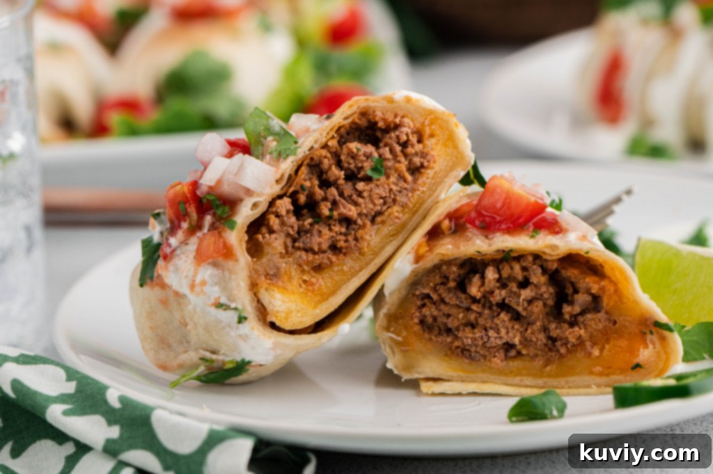 Variety of air fryer chimichangas with different fillings and toppings