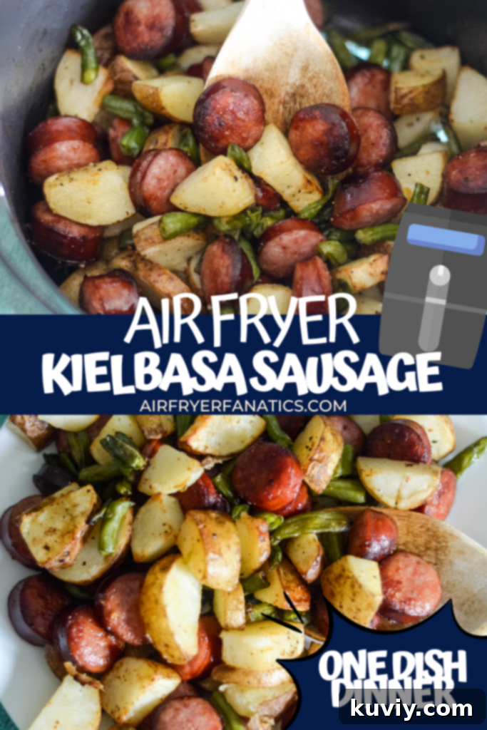 Close-up of air fryer kielbasa, potatoes, and green beans with a perfect golden crisp, served in a rustic bowl