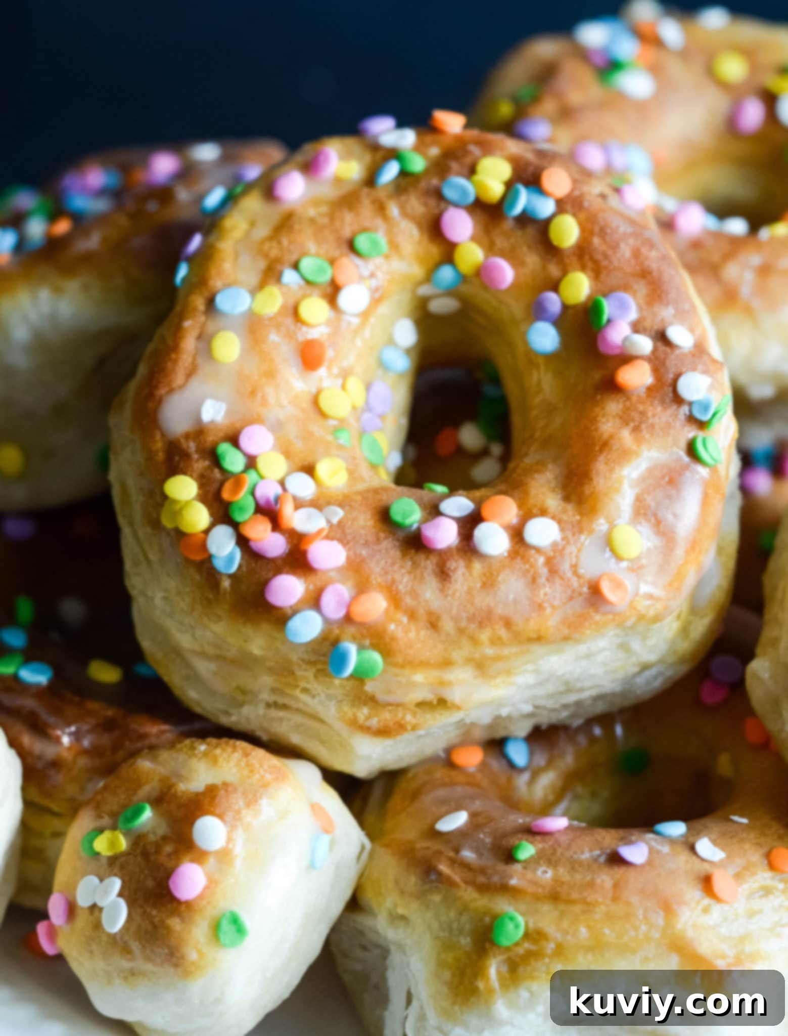 Freshly baked golden air fryer donuts with a light glaze