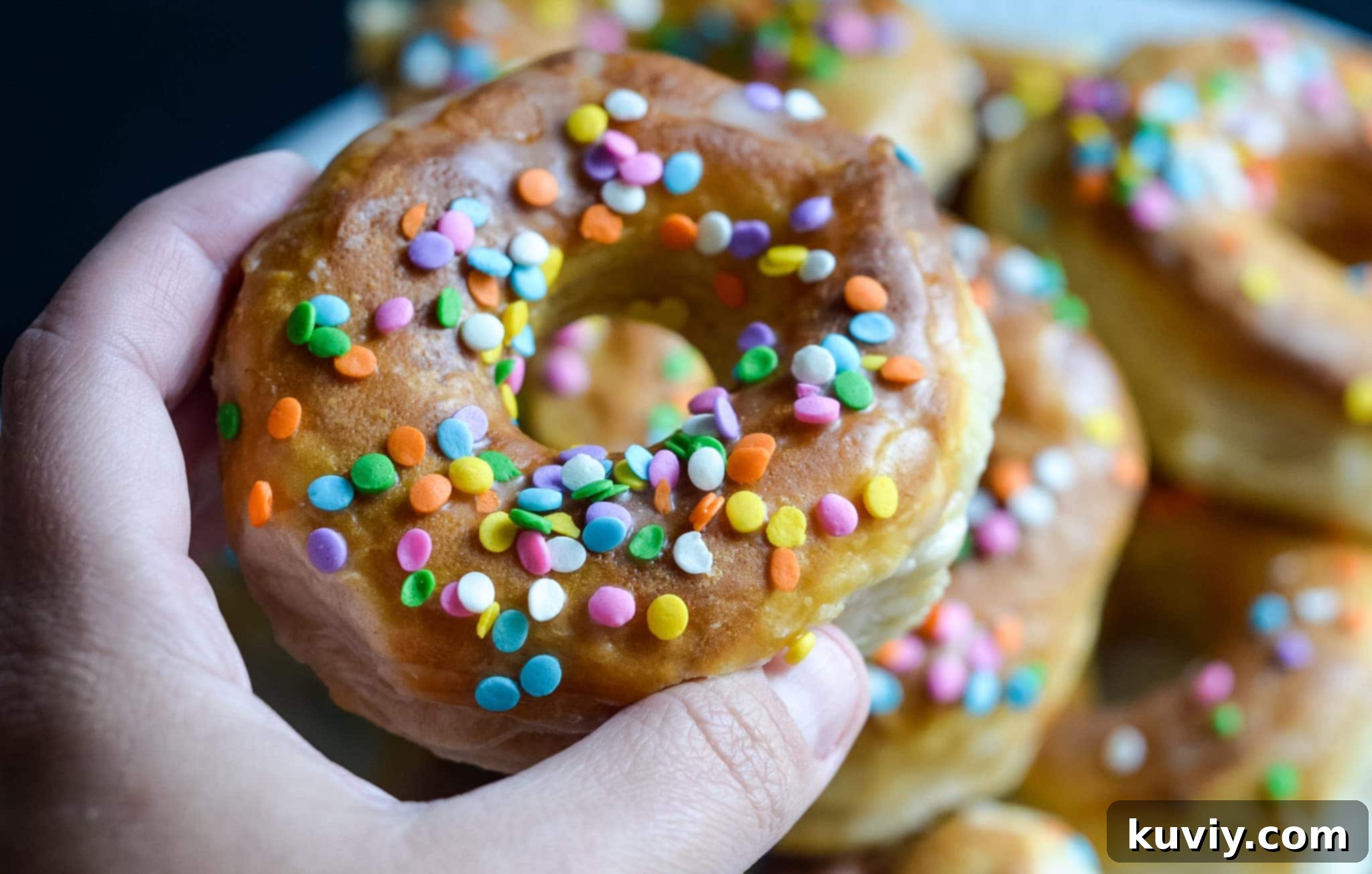 Glazed air fryer donuts with colorful sprinkles
