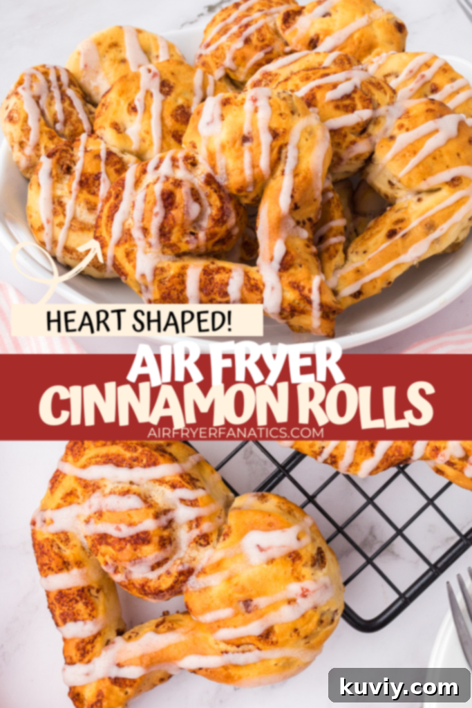 Sweetheart Air Fryer Cinnamon Rolls 12 Close-up of heart-shaped cinnamon rolls with strawberry icing