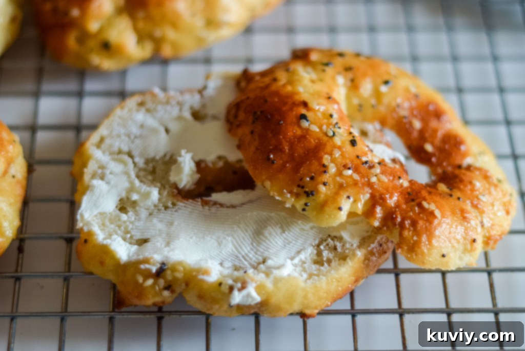Freshly air-fried everything bagels cooling on a wire rack