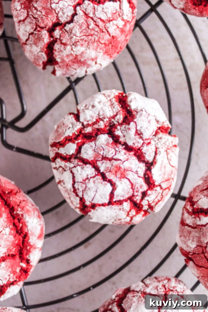 air fryer red velvet crinkle cookies cooling on a wire rack after baking