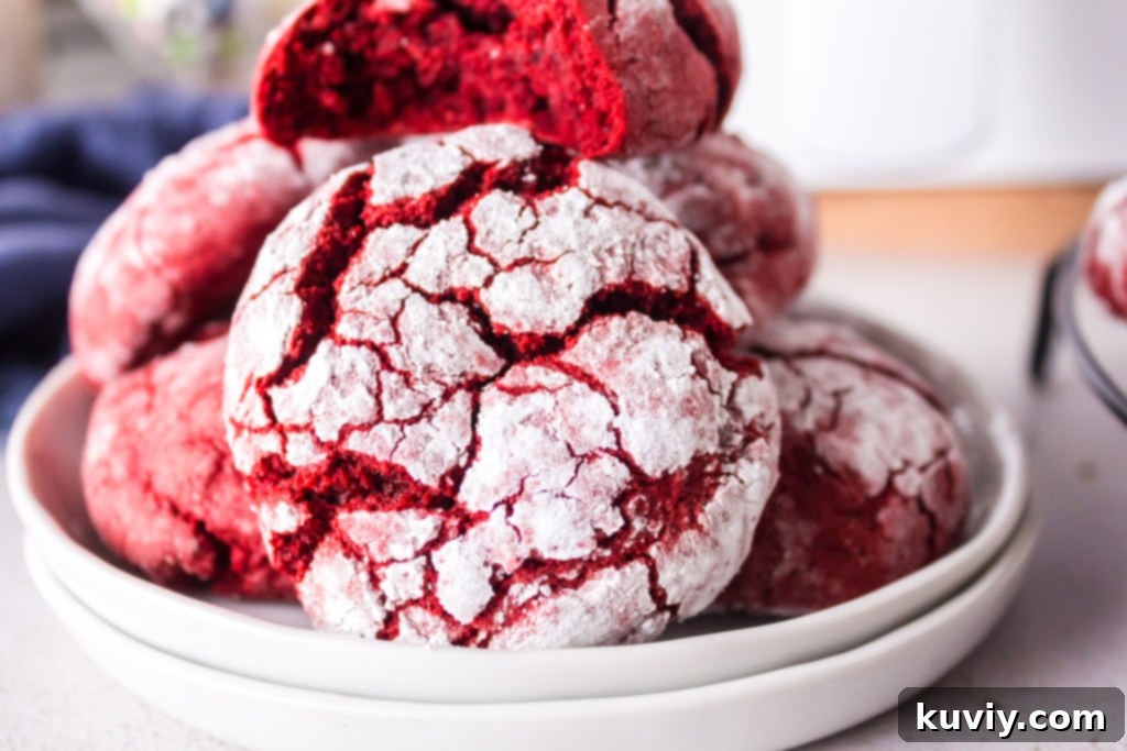 a plate of warm air fryer red velvet crinkle cookies served with a cold glass of milk