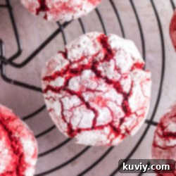 Finished Air Fryer Red Velvet Crinkle Cookies, a stack of perfectly baked cookies