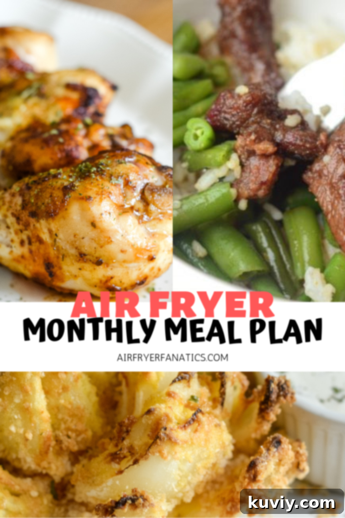 A beautifully organized monthly air fryer meal plan printable with categories for main dishes, sides, desserts, and breakfast.