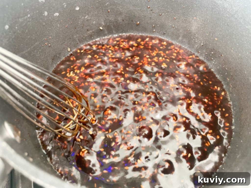 Close-up of Air Fryer Sesame Shrimp sauce with ingredients