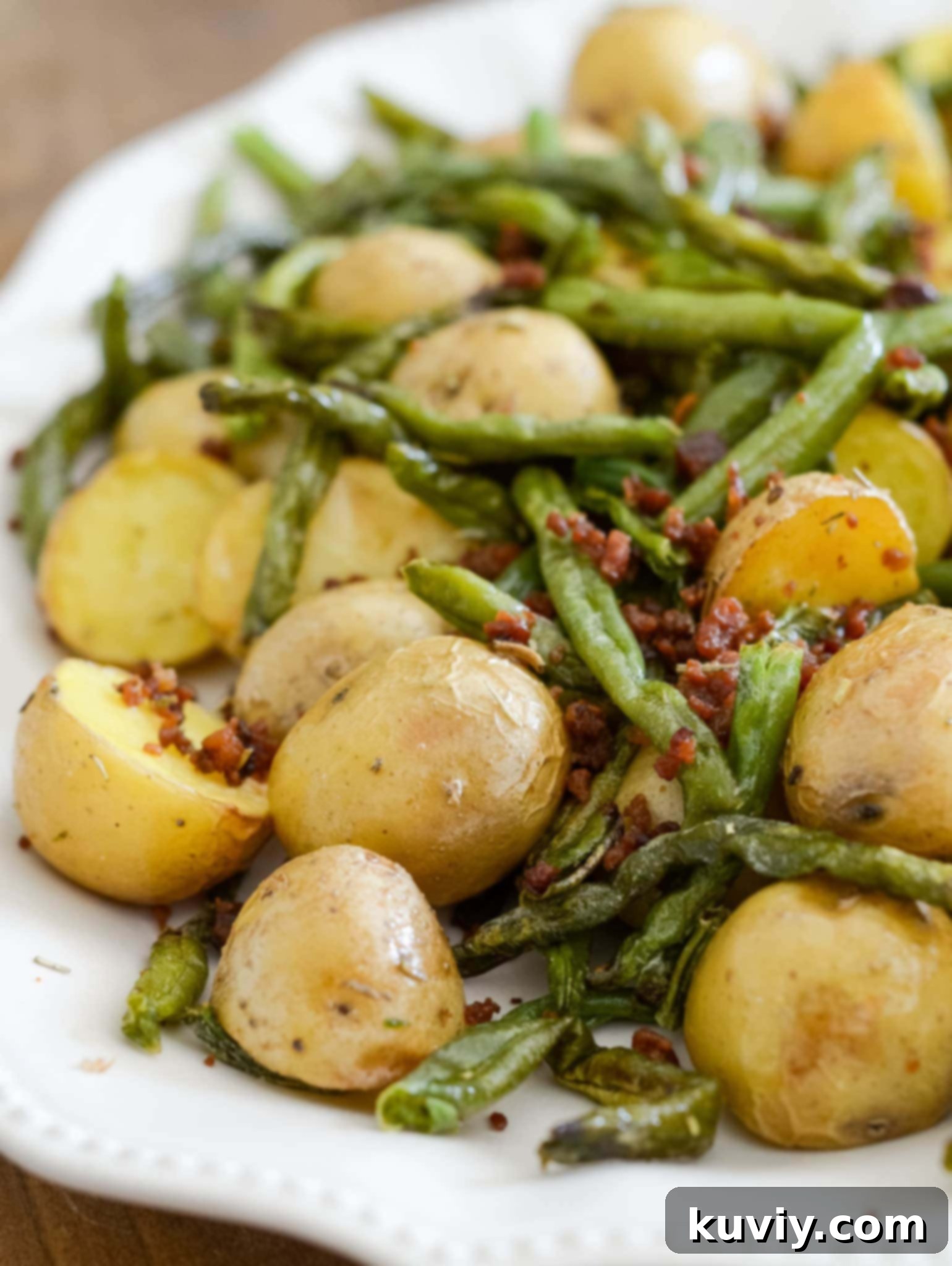 air fryer green beans and potatoes, freshly cooked and seasoned