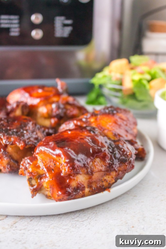 Close-up of glazed Air Fryer BBQ Chicken Thighs