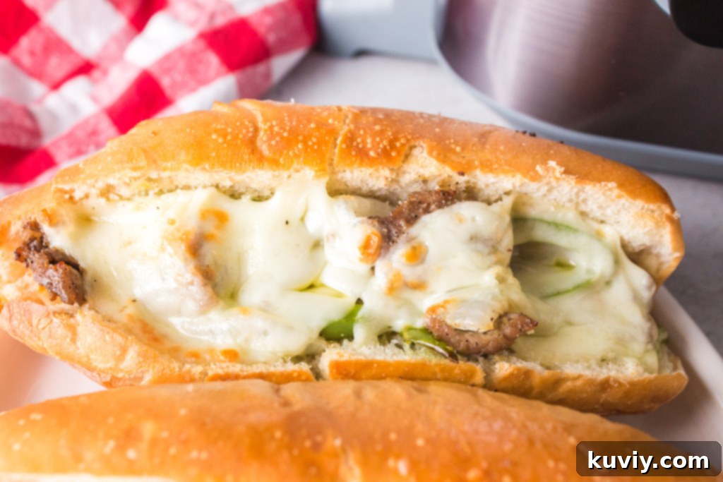 A beautifully plated Air Fryer Philly Cheesesteak with a side of crispy golden fries.