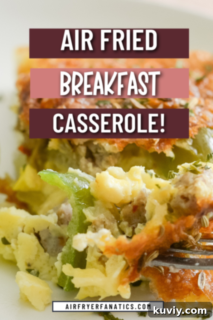 Full Air Fryer Breakfast Casserole with a spatula taking a slice