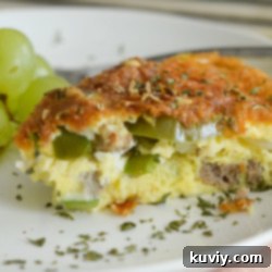 A delicious slice of Air Fryer Low-Carb Breakfast Casserole with visible sausage, eggs, and cheese