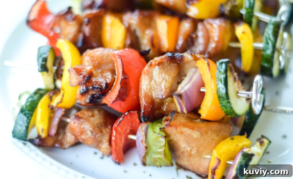 Plated air fryer chicken kabobs served with rice and a green garnish