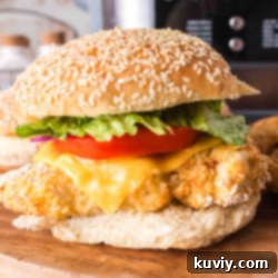Crispy Air Fryer Spicy Chicken Sandwich 9 Air Fryer Spicy Chicken Sandwich with a golden crispy crust, served on a toasted bun.
