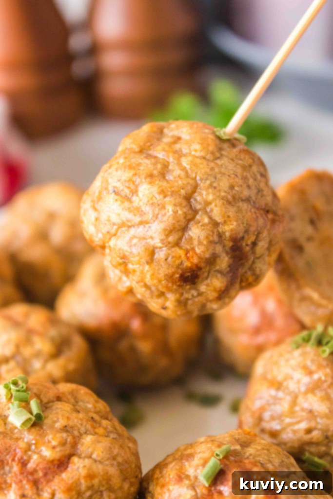 Several air fryer turkey meatballs piled on a plate, ready for storage or freezing