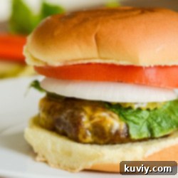 A perfectly cooked, juicy cheeseburger with melted cheese, ready to be served from an air fryer.