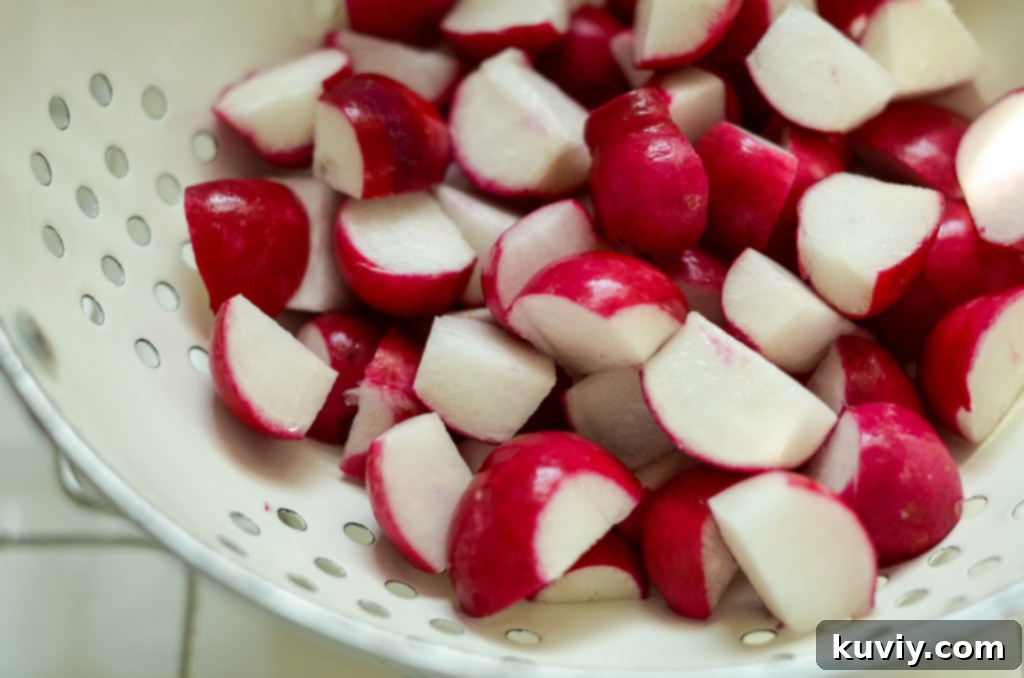 Quartered radishes ready for air frying