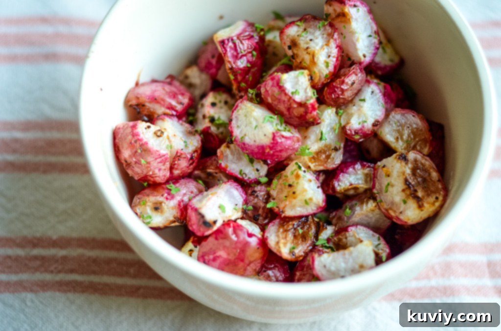 Cooked air fryer radishes in the basket