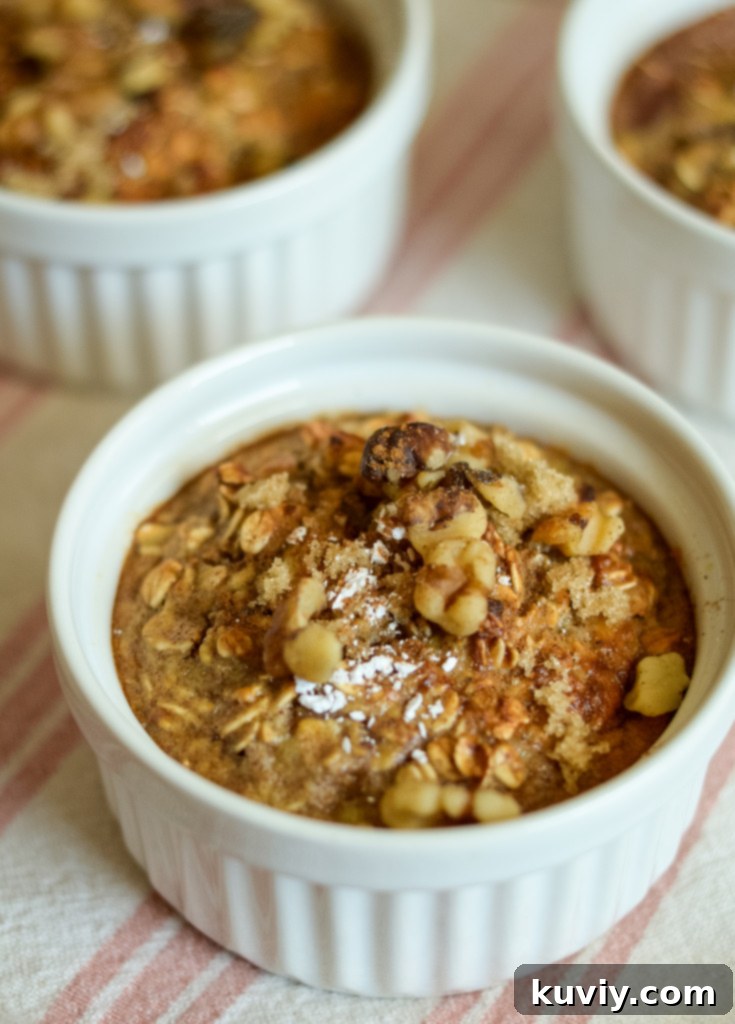 Air Fryer Baked Oatmeal Bliss 2 Air Fryer Banana Bread Baked Oatmeal in a ramekin, garnished with banana slices and a sprinkle of cinnamon