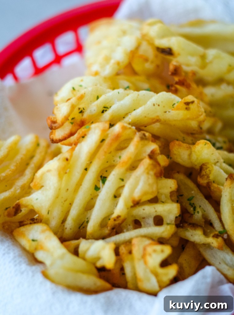 Crispy Air Fryer Waffle Fries, perfectly cooked from frozen