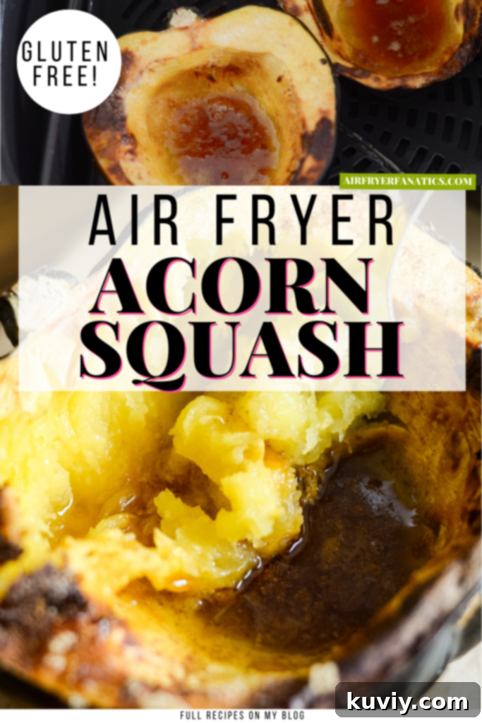 Two halves of air fryer acorn squash on a white plate with a spoon